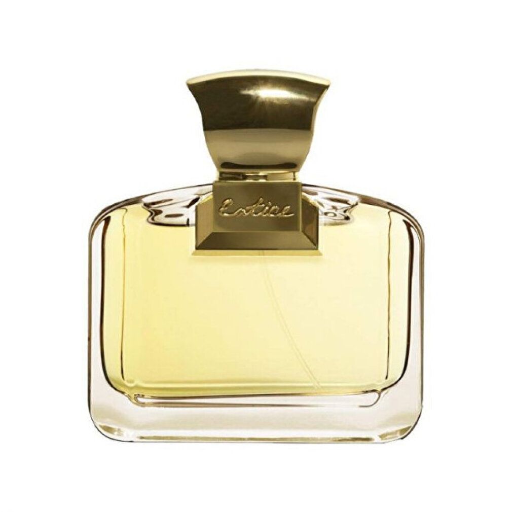 Parfümflakon mit goldfarbenem Verschluss. Rechteckige Form, durchsichtiges Glas, goldfarbene Flüssigkeit.