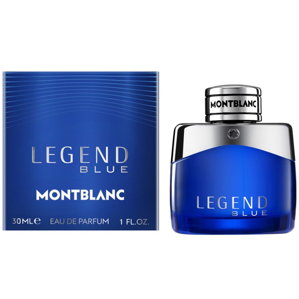 Blauer Flakon und Schachtel. Aufschrift: LEGEND BLUE, MONTBLANC, 30ml Eau de Parfum, 1 Fl.oz.