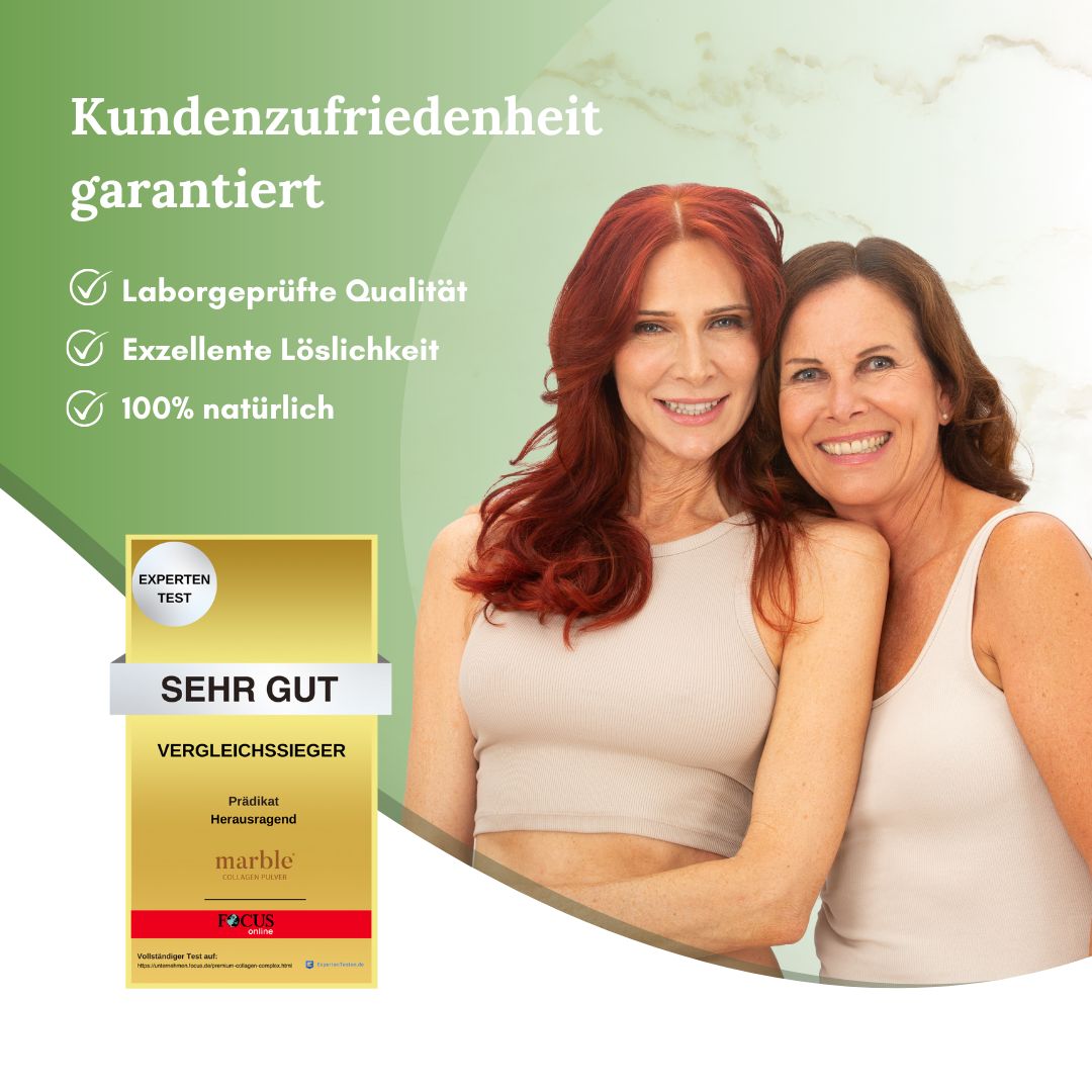 Zwei Frauen mit marble© Collagen Pro-Verpackung und Auszeichnung. Text: Kundenzufriedenheit garantiert. Sehr Gut.