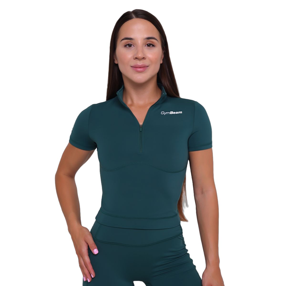 Dunkelgrünes, kurzärmeliges Damen-Cropped-Shirt mit Kragen und Reißverschluss. GymBeam-Logo auf der Brust.