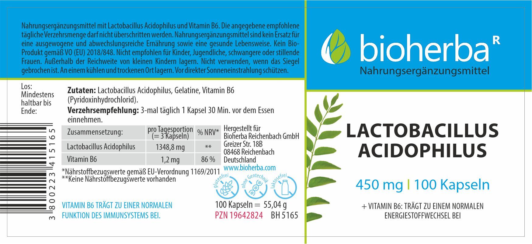 Etikett mit Produktinformationen. Aufschrift: Bioherba, Lactobacillus Acidophilus, 450 mg, 100 Kapseln. Enthält Nährwertangaben und Inhaltsstoffe.