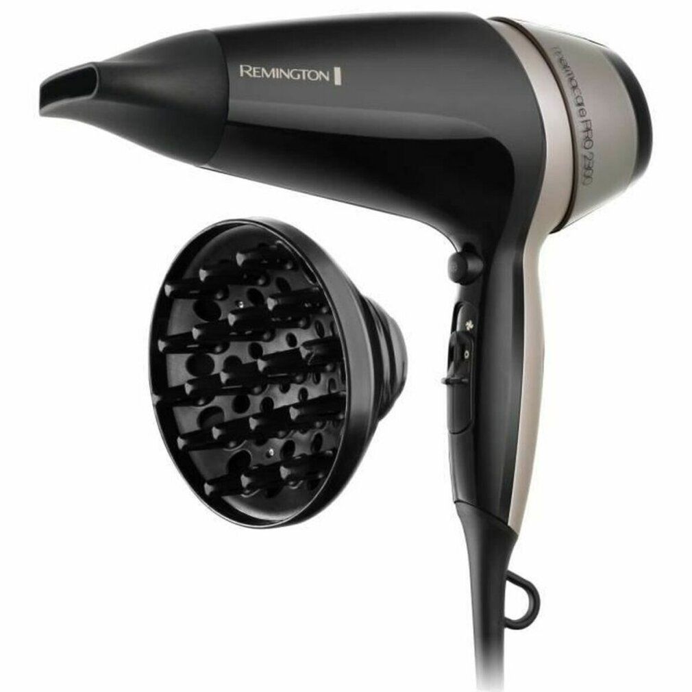 Haartrockner mit Diffusor. Schwarz und goldfarben. Marke Remington. Auf dem Trockner steht Thermacare Pro 2300.