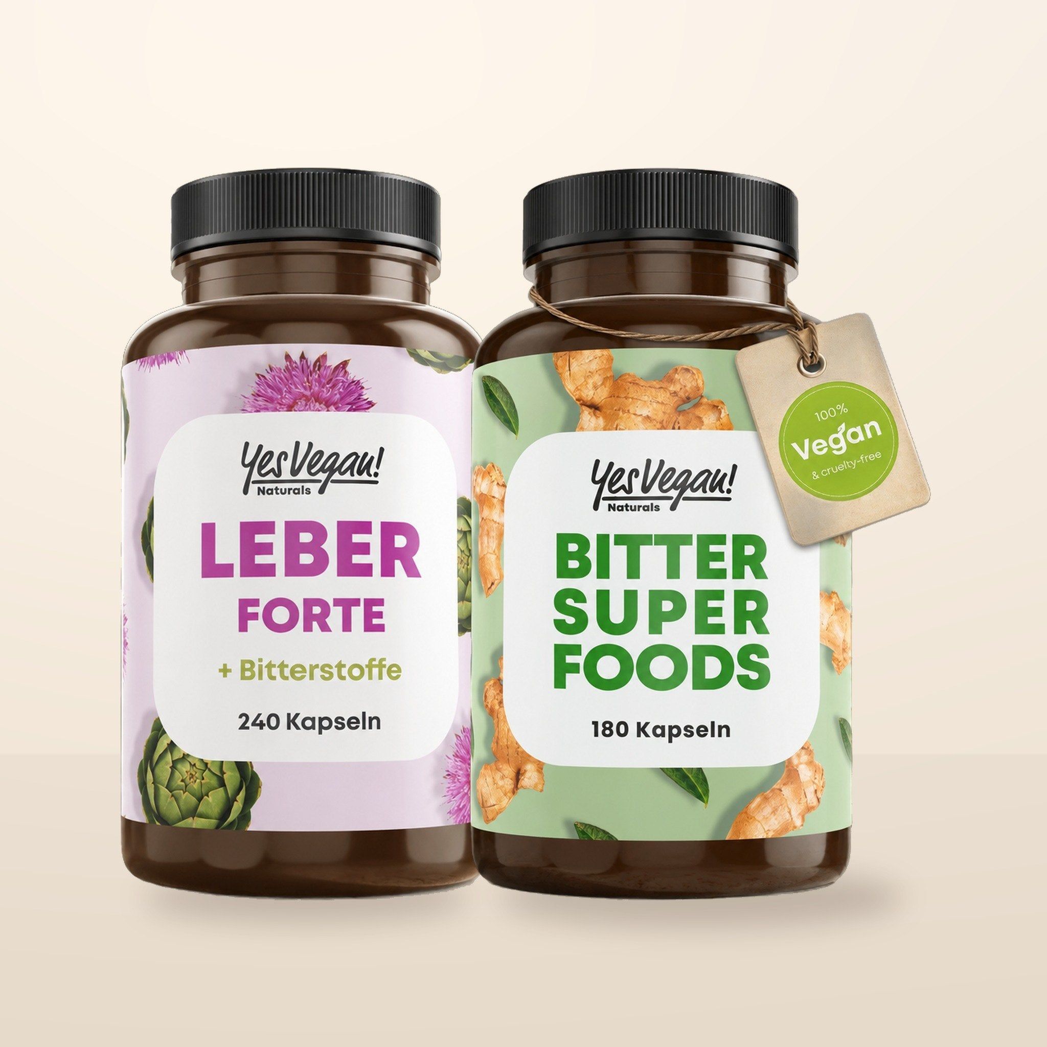 Zwei Flaschen Yes Vegan: Quercetin 500mg + Vitamin C (180 Kapseln) und Vitamin C 1.000mg (365 Kapseln).