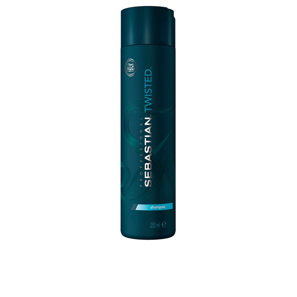 Blaue Shampoo-Flasche. Aufschrift: Sebastian. Twisted. Shampoo für lockiges Haar. 250 ml.