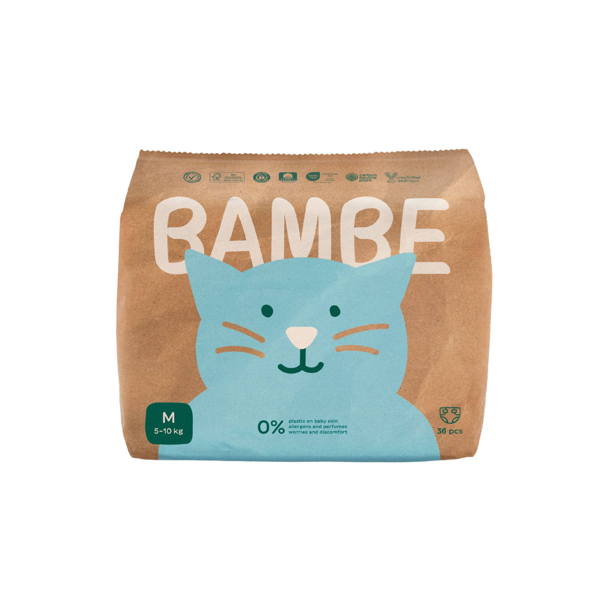 Verpackung mit blauem Katzen-Design. Text: Bambe, M 8-10 kg, 0%, 36 Stück. Mit Zertifizierungen.