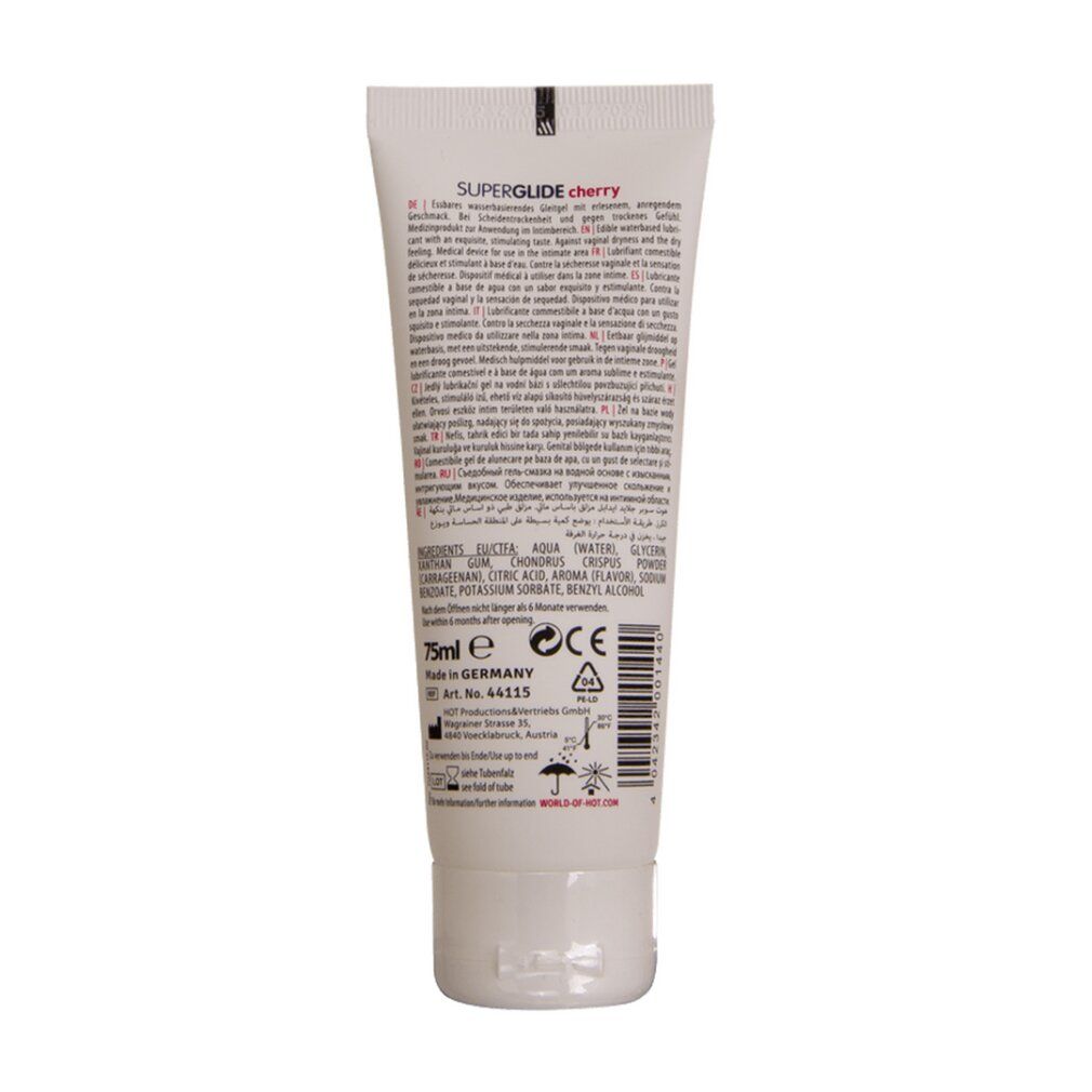 Weiße Tube mit Superglide Cherry Aufdruck, 75ml. Rückseite mit Inhaltsstoffen und Anwendungshinweisen.