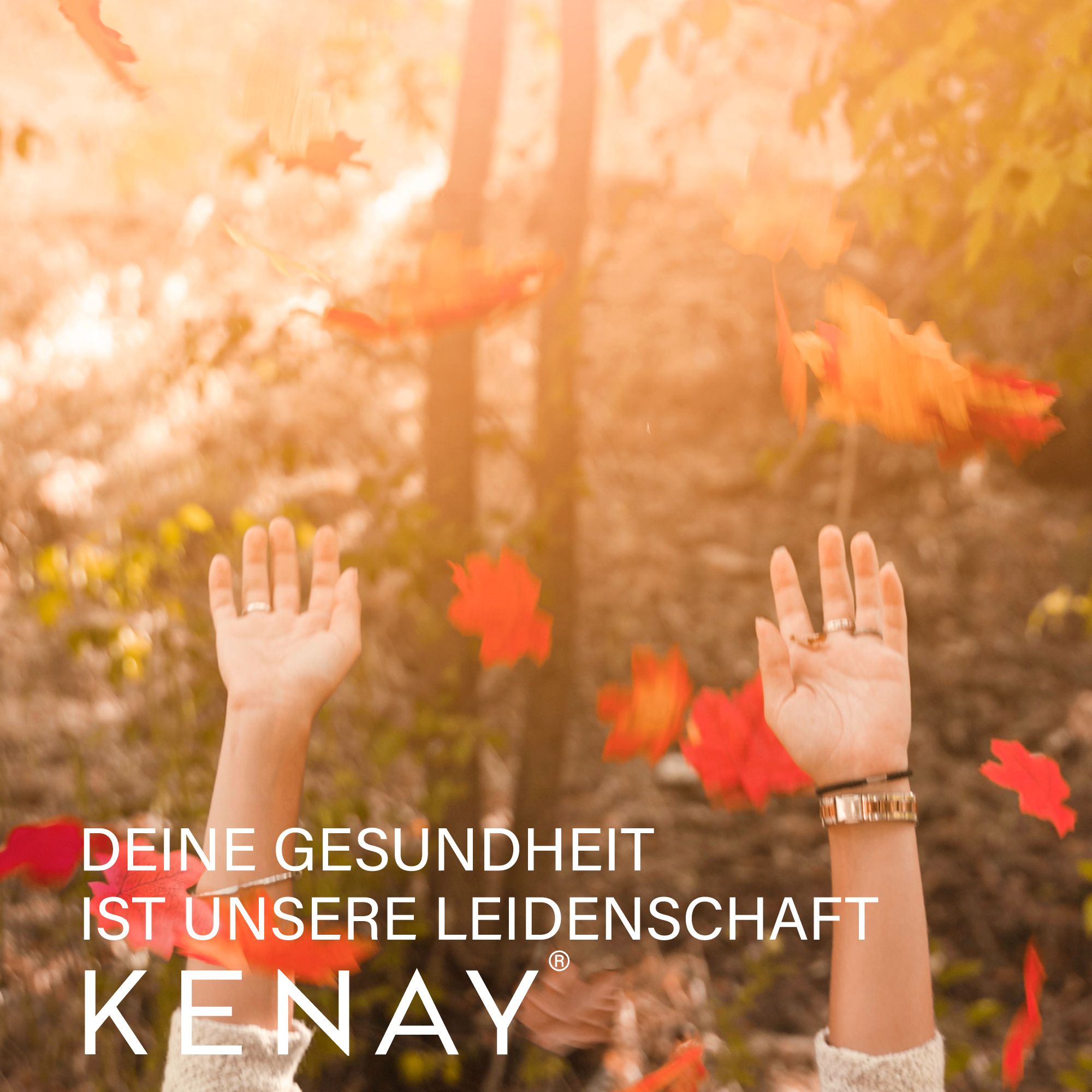 Hände mit Schmuck, vor herbstlichem Hintergrund. Text: DEINE GESUNDHEIT IST UNSERE LEIDENSCHAFT, KENAY®.