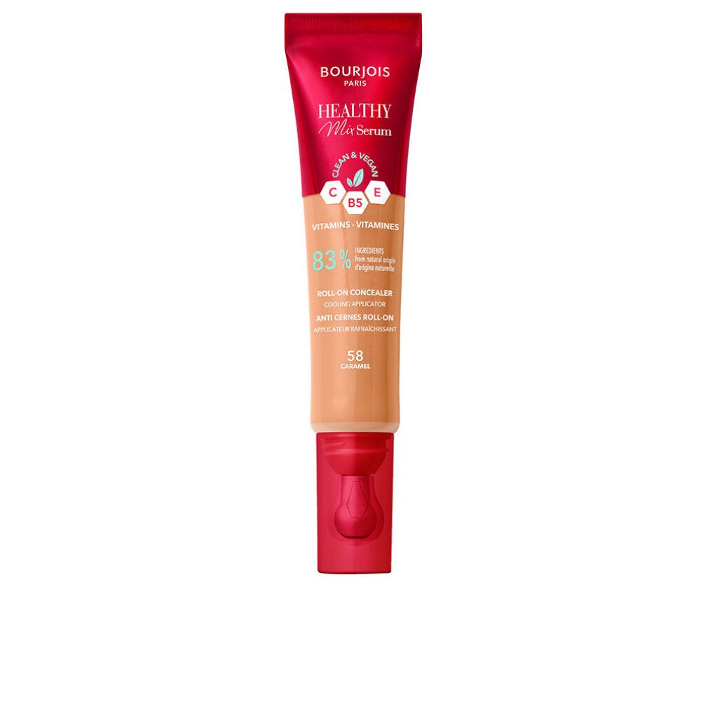 Rote Tube mit flüssigem Abdeckstift. Aufschrift: Bourjois Paris, Healthy Mix Serum. Farbton 58-Karamell. Mit Roll-on Applikator.