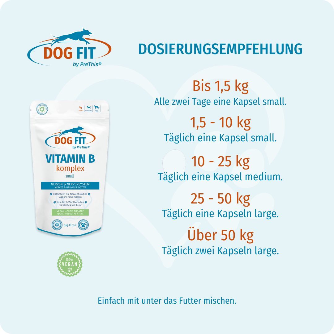 DOG FIT Vitamin B Komplex small. Dosierungsempfehlung. Kapseln small, medium, large. Einfach unter das Futter mischen. Vegan.