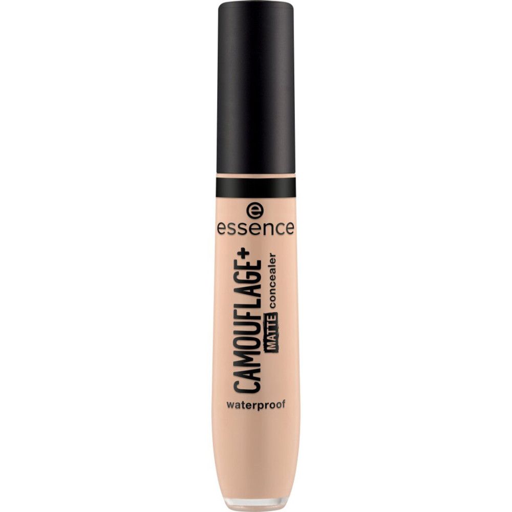 Essence Camouflage+ Matte Concealer. Beige Tube mit schwarzem Deckel. Schriftzug: Camouflage+ Matte concealer waterproof.