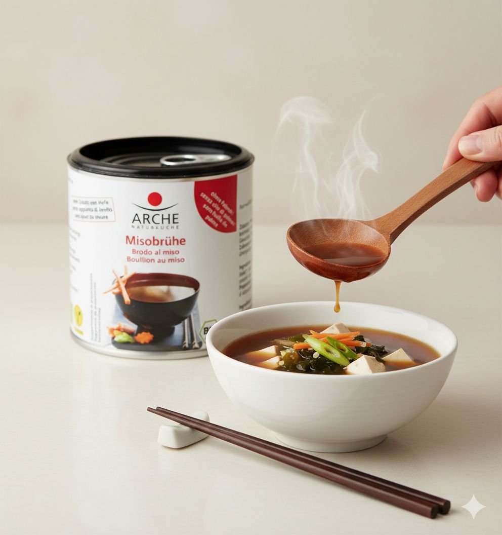 Arche Misobrühe Dose neben einer Schüssel dampfender Misosuppe mit Tofu und Algen. Ein Holzlöffel tropft Brühe in die Schüssel.