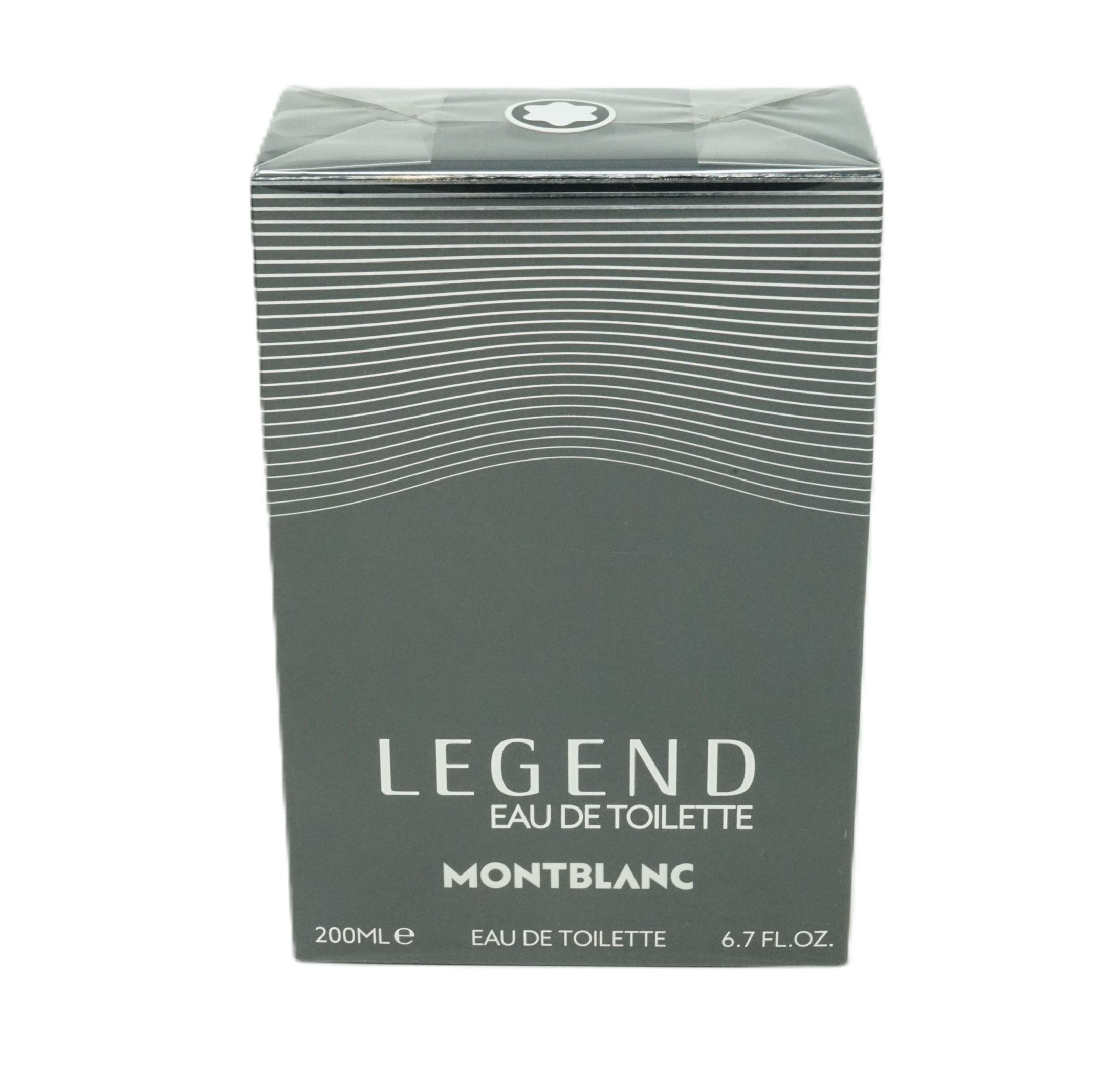 Dunkelgraue rechteckige Verpackung. Aufschrift LEGEND, Eau de Toilette, MONTBLANC. Logo oben. 200ml und 6.7 FL. OZ.