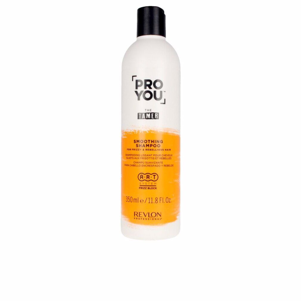 Weiße Flasche mit schwarzem Deckel. Aufschrift: PRO YOU THE TAMER, Smoothing Shampoo. Marke Revlon.