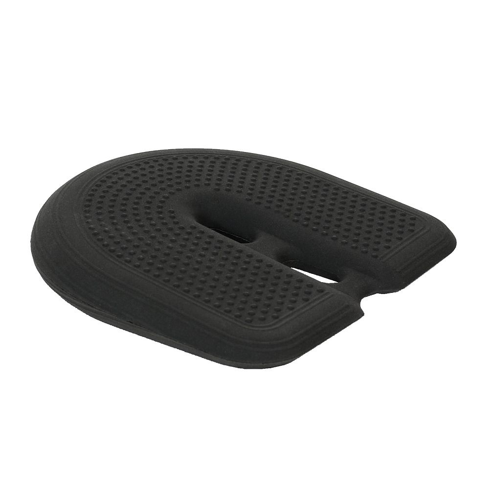 Schwarzes, hufeisenförmiges Kissen mit Noppen. Abgerundete Kanten. Zwei Aussparungen.