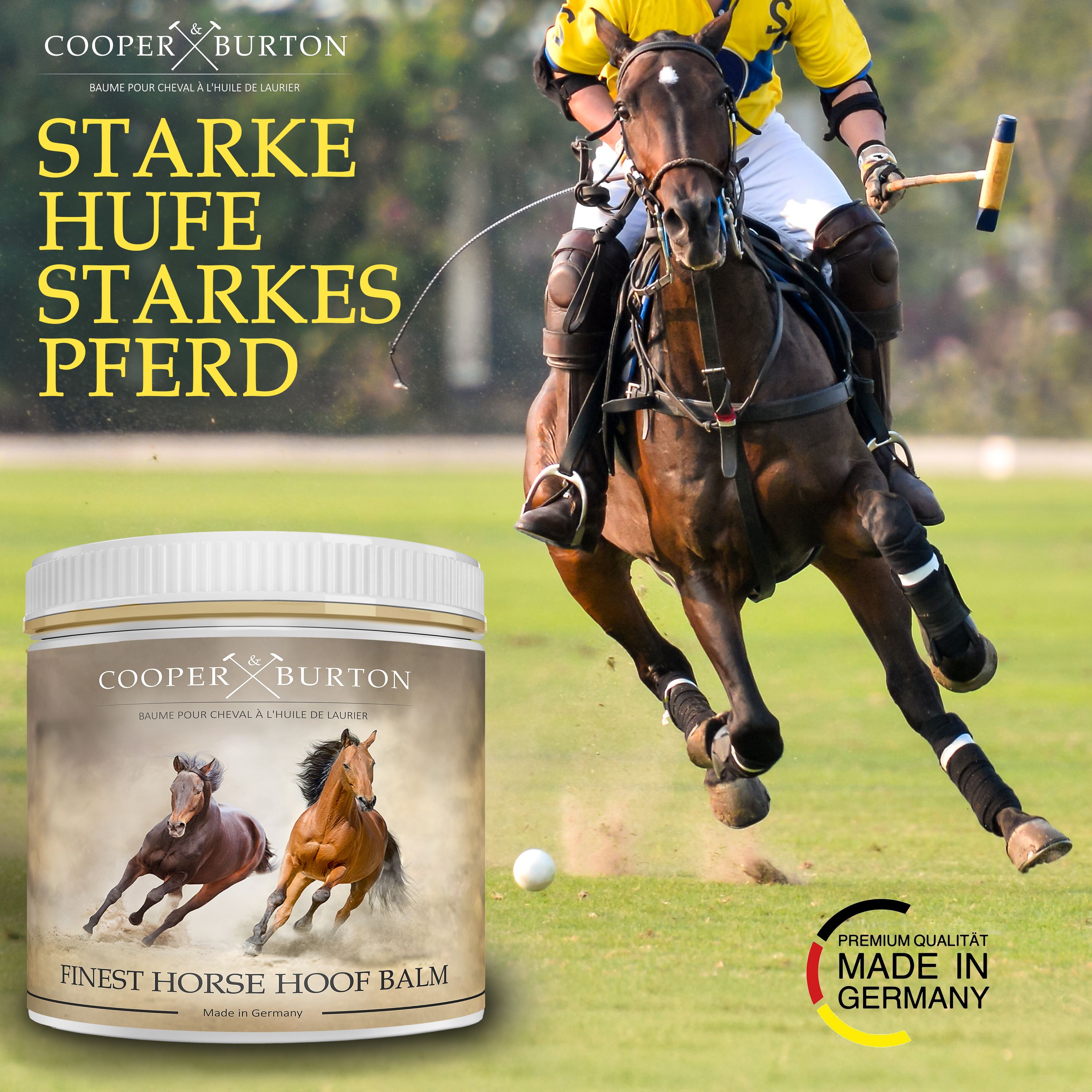Produktbehälter mit Pferd. Logo: COOPER & BURTON. Text: Finest Horse Hoof Balm. Premium Qualität. Made in Germany.