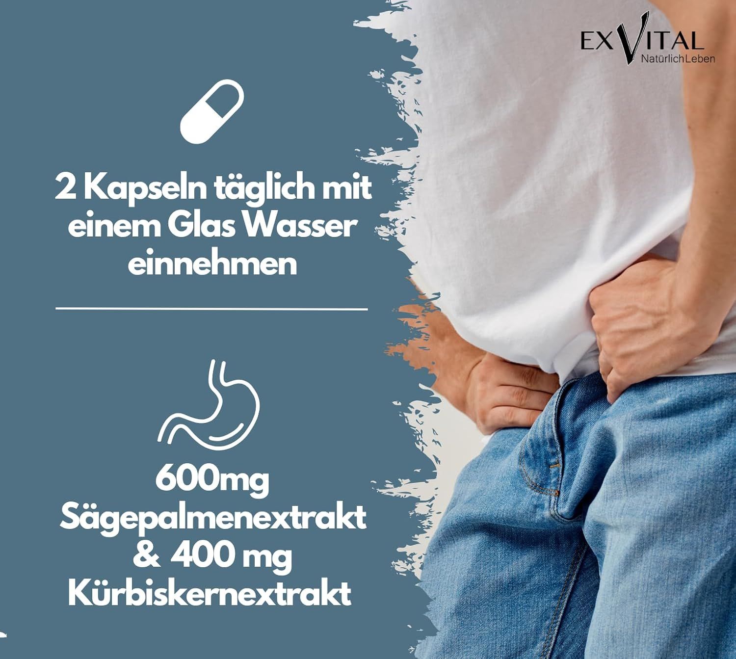 Grafik mit Kapsel- und Magen-Symbolen. Text: 2 Kapseln täglich mit Wasser. 600mg Sägepalmenextrakt & 400 mg Kürbiskernextrakt.
