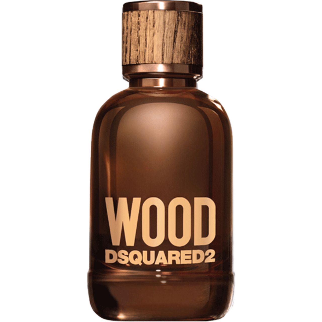 Braune Flasche mit Holzverschluss. Aufschrift WOOD DSQUARED2. Eau de Toilette für Herren.