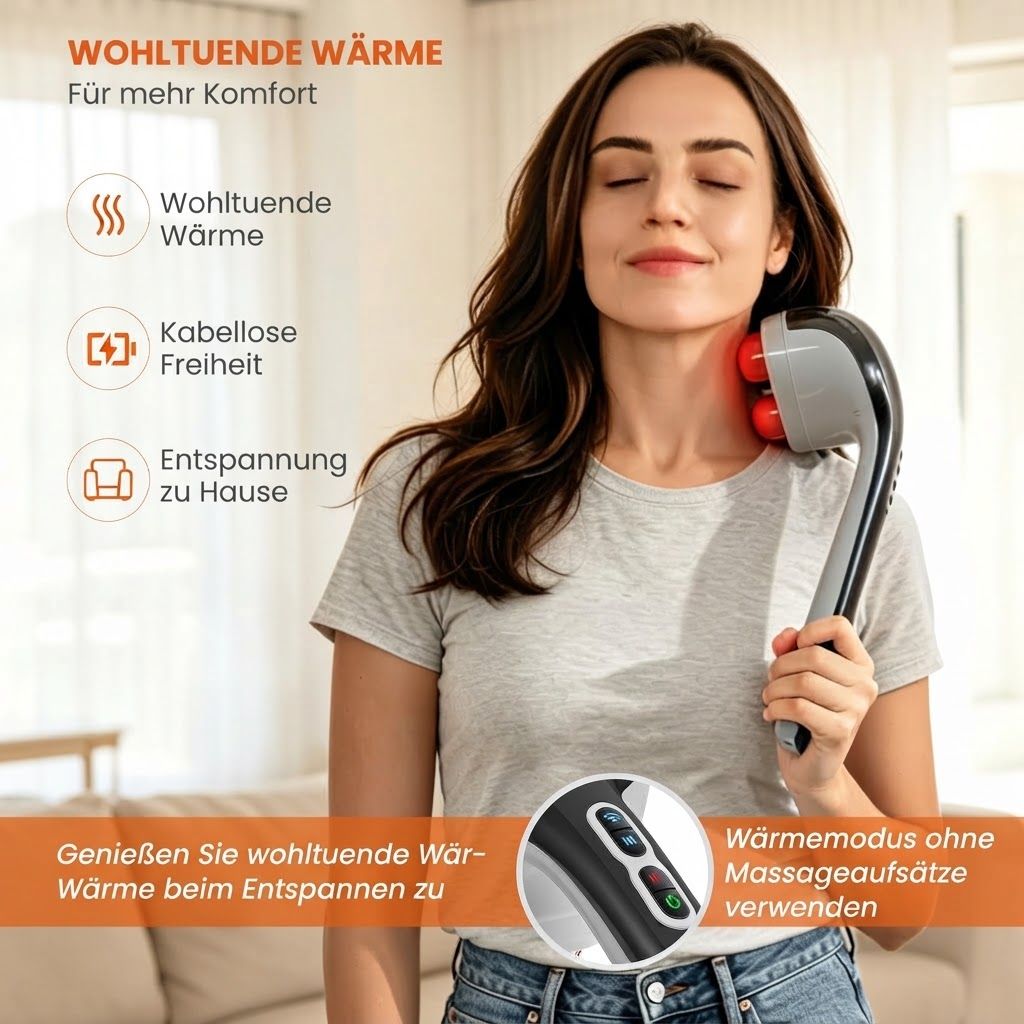 Handmassagegerät mit rotierenden Köpfen und Wärmefunktion für Nacken und Schultern.