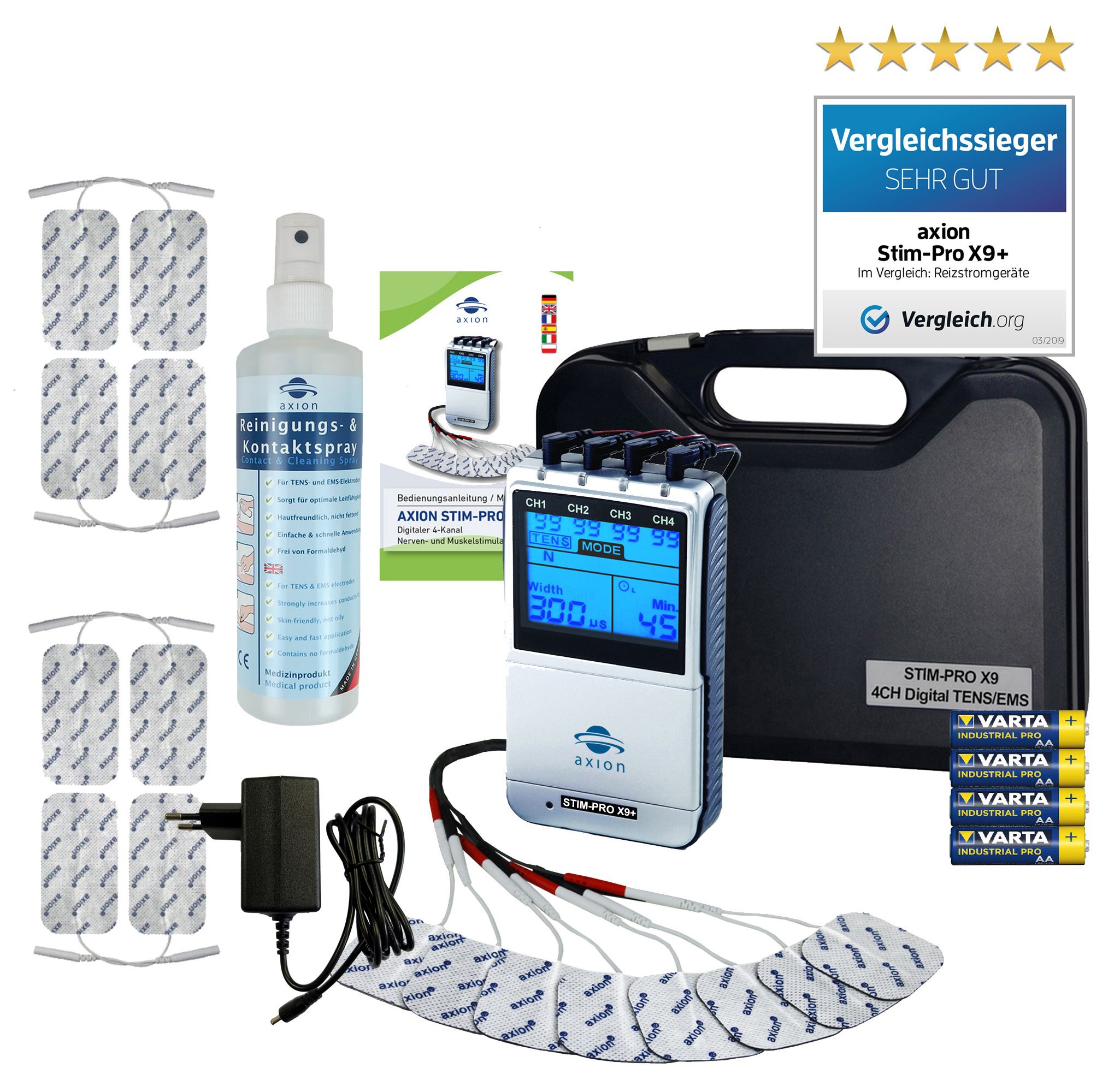 axion® 4-Kanal TENS Gerät und EMS Gerät  STIM-PRO X9+ zur Schmerztherapie mit Spray und Zubehör