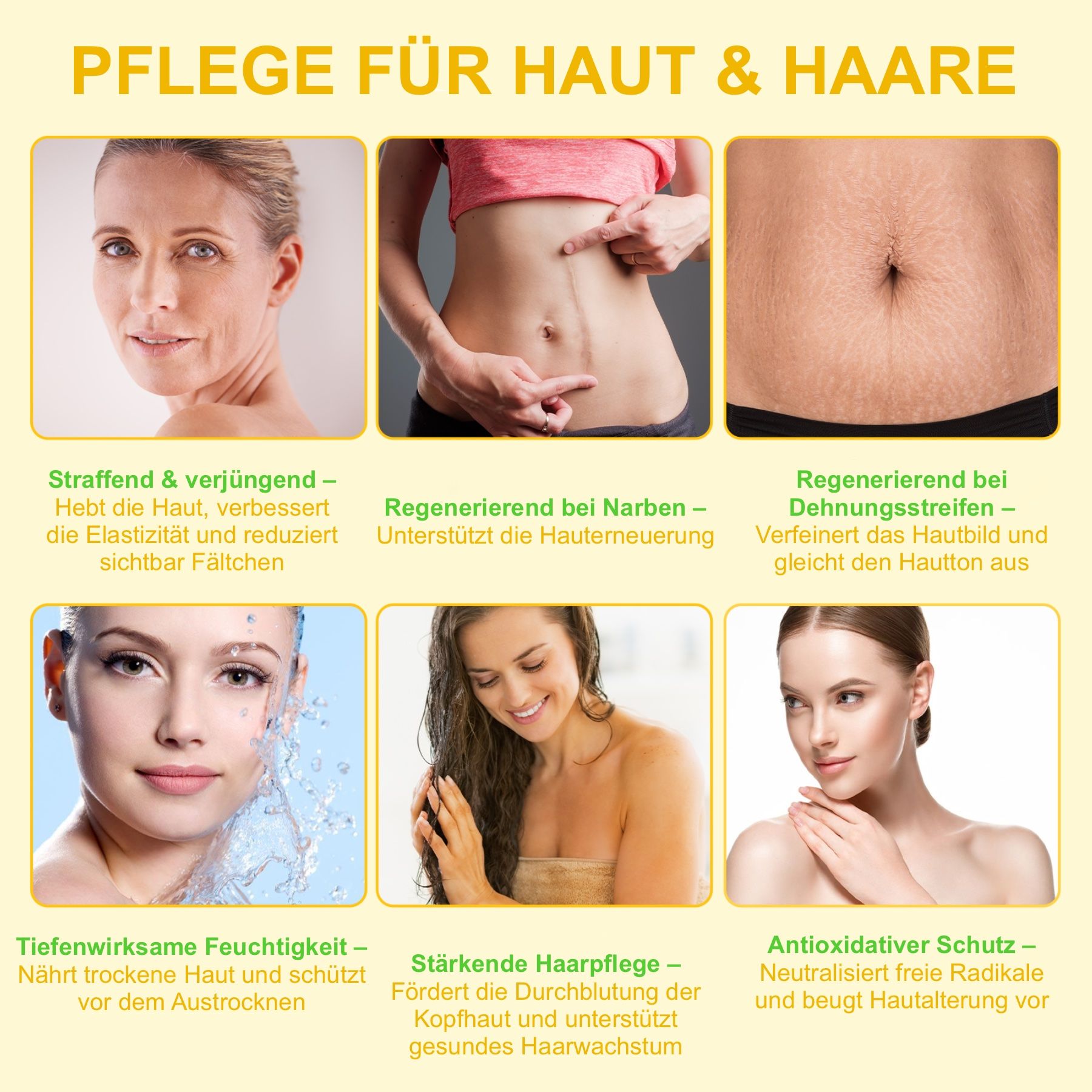 Bilder von Haut- und Haarpflege. Gesichter, Bauch, Dehnungsstreifen. Text: Pflege für Haut & Haare. Vorteile für Haut und Haar.
