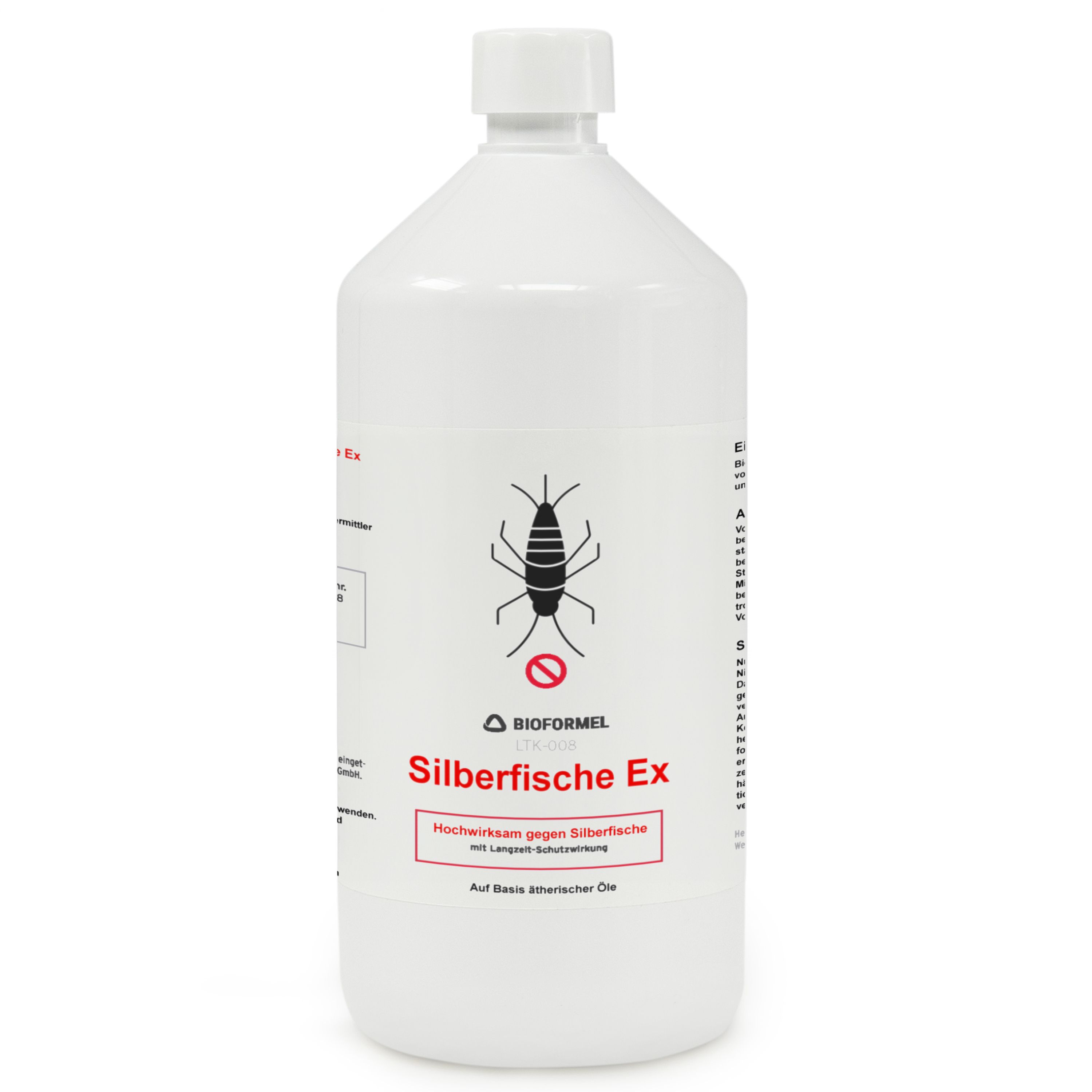 Weiße Flasche mit Etikett. Text: Silberfische Ex, BIOFORMEL. Auf Basis ätherischer Öle.