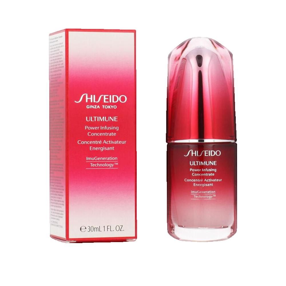 Shiseido Ultimune Serum, Flasche und Verpackung. Rot-weißes Design. Schriftzug: Ultimune Power Infusing Concentrate.