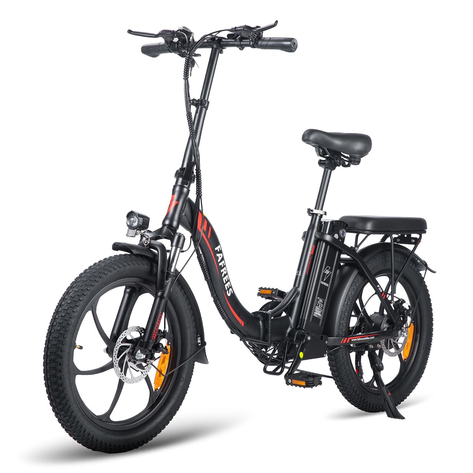 Schwarzes Falt-E-Bike FAFREES F20. Sichtbar: Sattel, Gepäckträger, Schutzbleche, Scheibenbremsen, Beleuchtung. Rote Akzente.