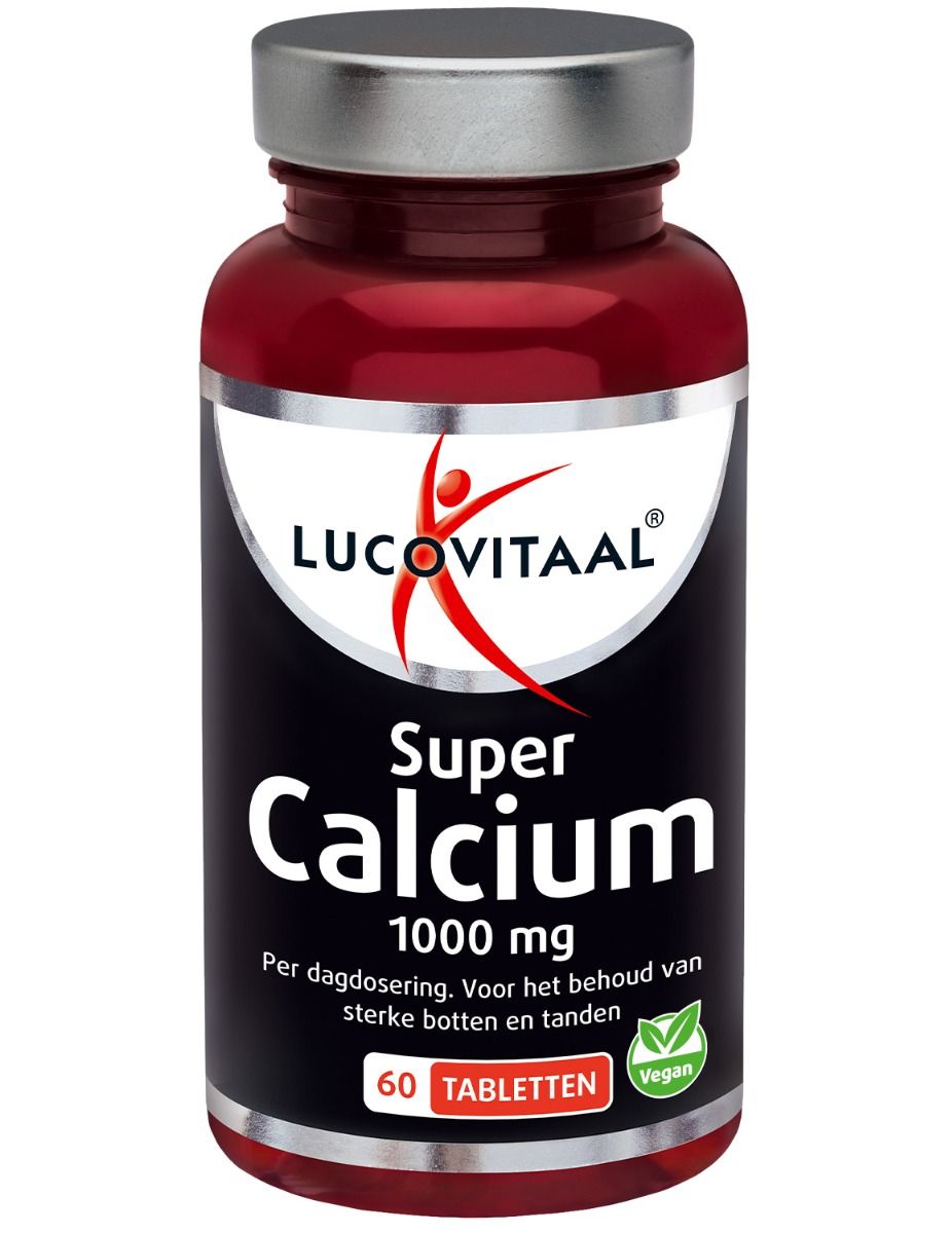 Flasche Lucovitaal Super Kalzium 1000mg mit Etikett, das Produktname und Dosierung zeigt.