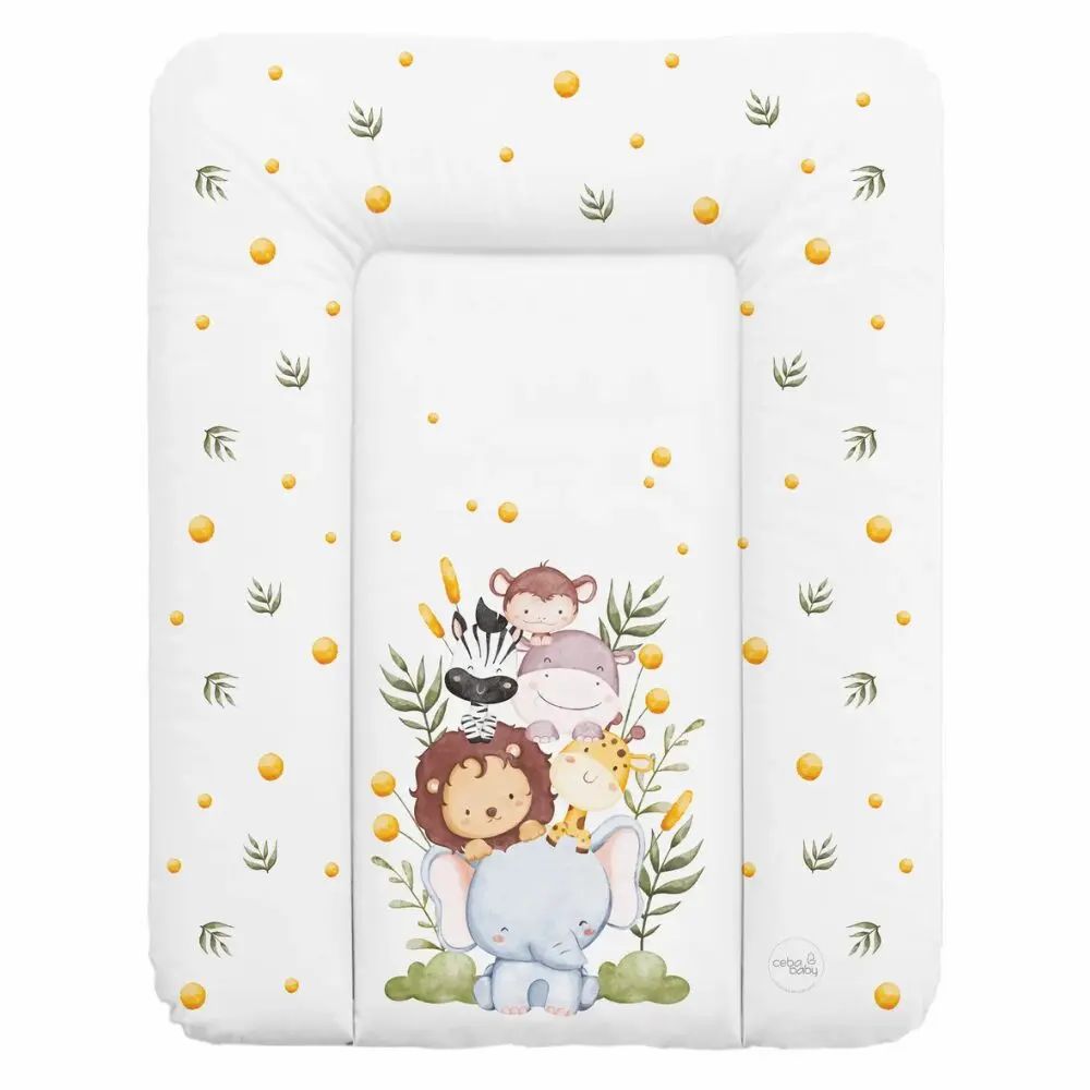 Weiche Wickelauflage mit Safari-Motiv. Rechteckig, mit erhöhten Rändern. Weiße Oberfläche mit bunten Tierfiguren und Blättern.