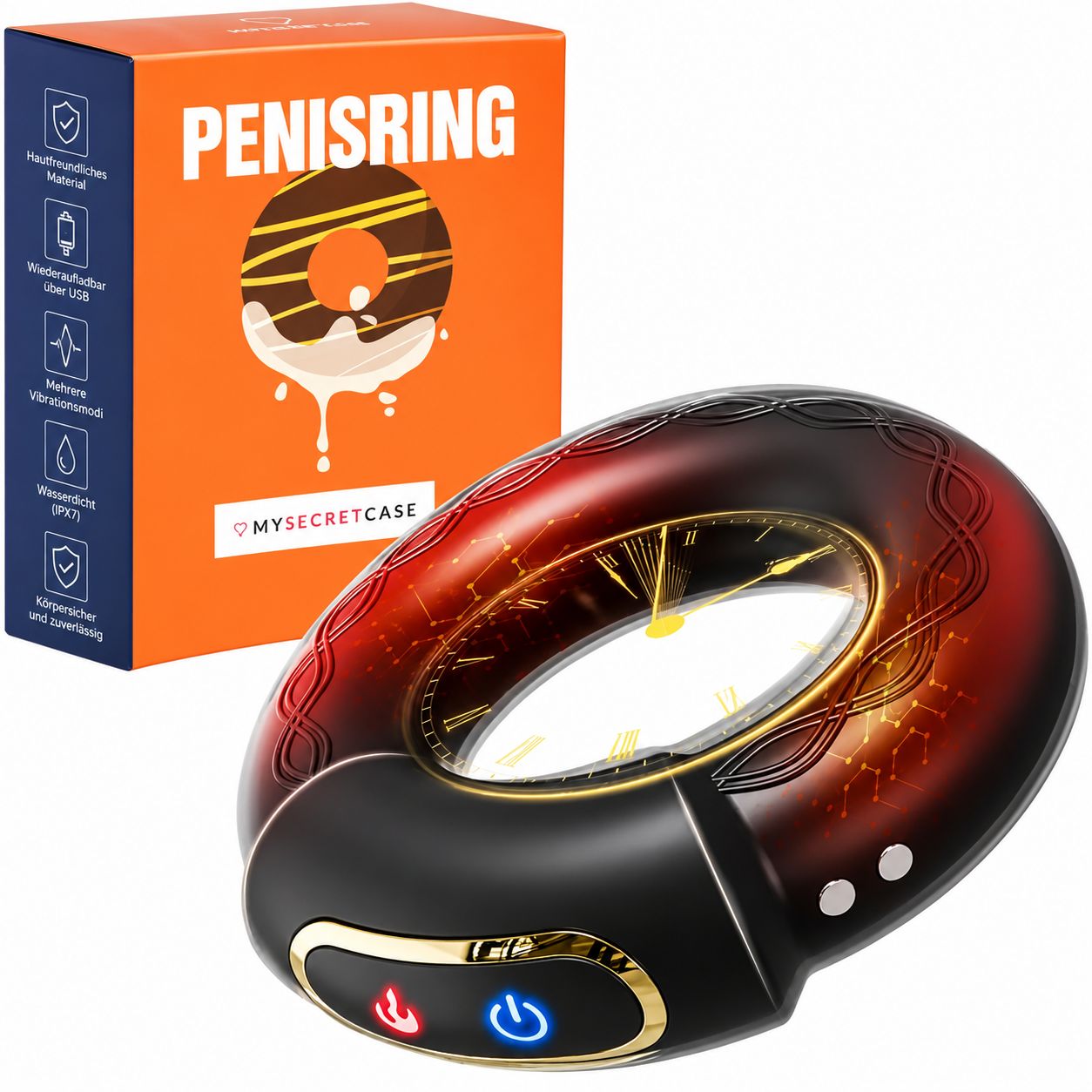 Schwarzer Vibrator mit beleuchtetem Ring und Bedienelementen.