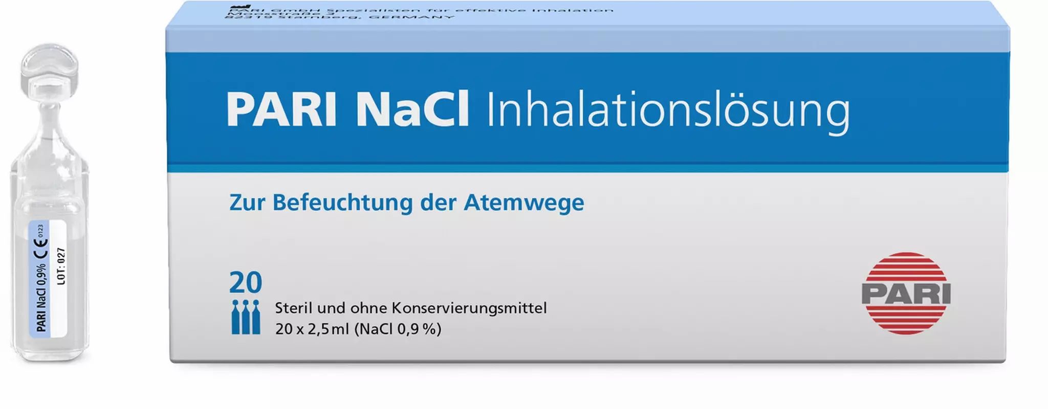 PARI NaCl Inhalationslösung: 20 sterile 2,5ml Ampullen, ohne Konservierungsmittel.