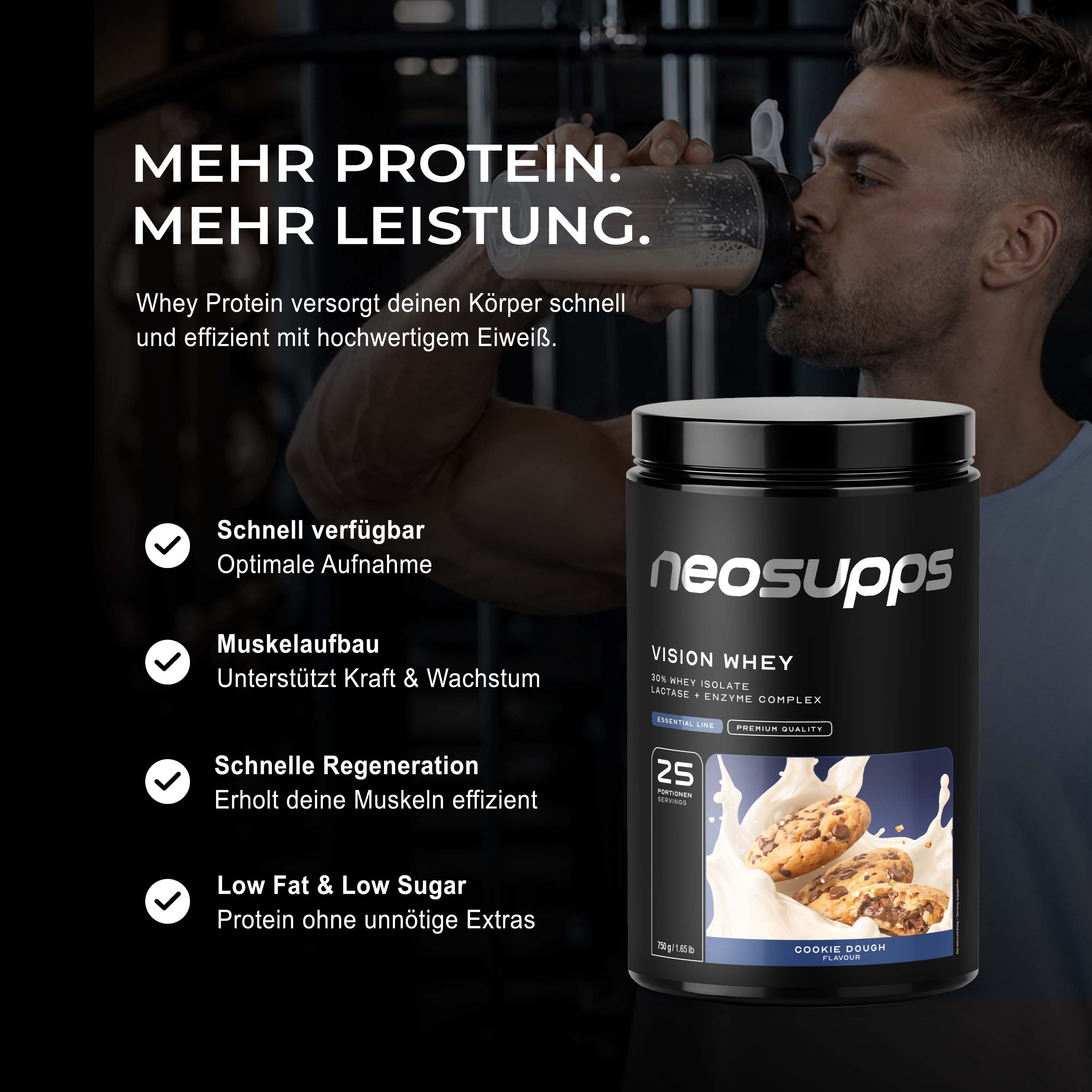 Neosupps Vision Whey Protein Pulver Cookie Dough, 750g, Whey Protein für Proteinshakes