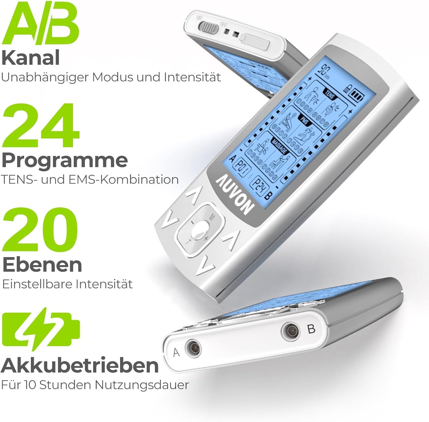 TENS-Gerät mit offenem Koffer, zeigt Pads, Beutel und das Gerät mit verschiedenen Programmen auf dem Bildschirm.