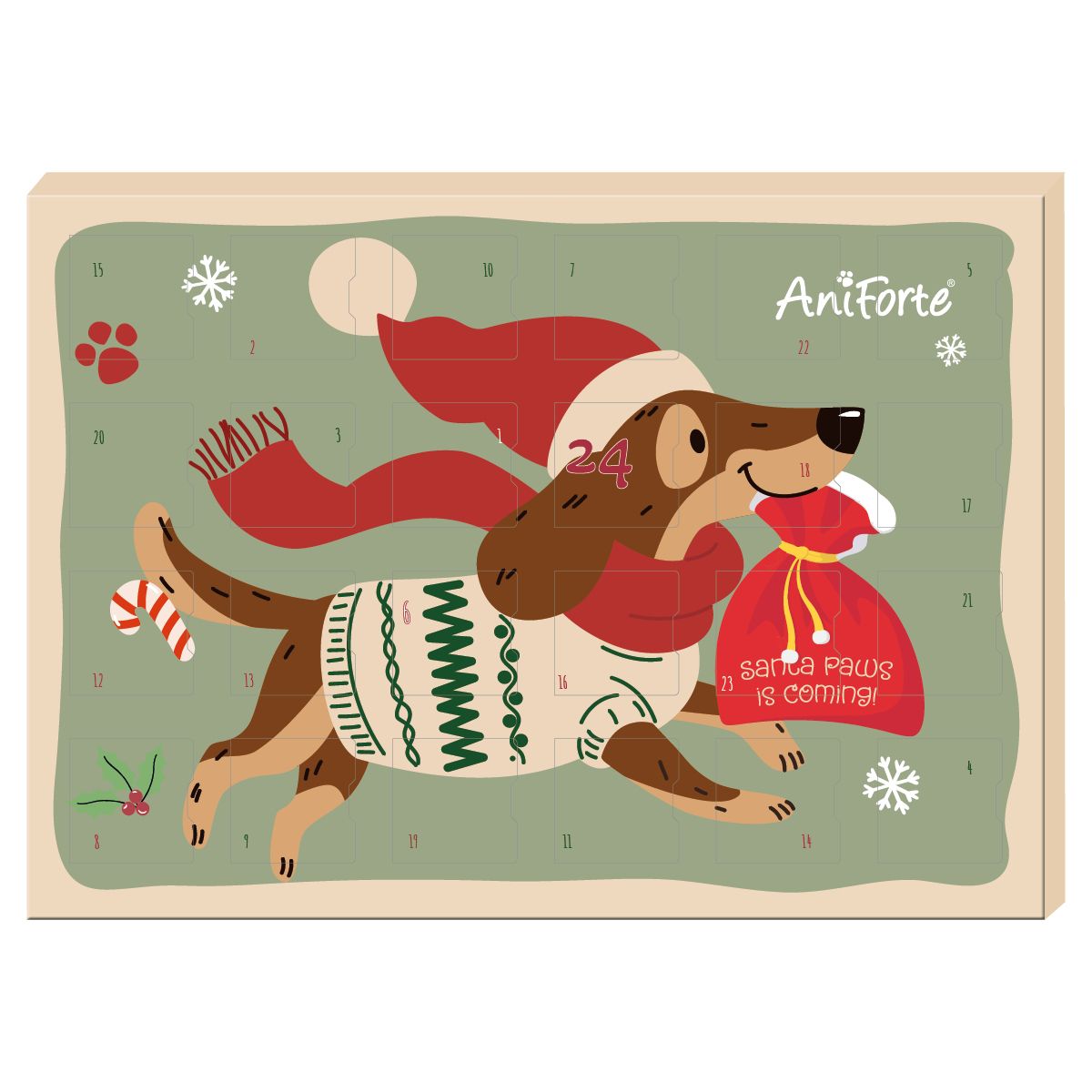 Adventskalender für Hunde mit Hund-Illustration. Marke AniForte. Grün-beige Farbgebung. 24 Türchen. Hund trägt Weihnachtsmütze und Schal.