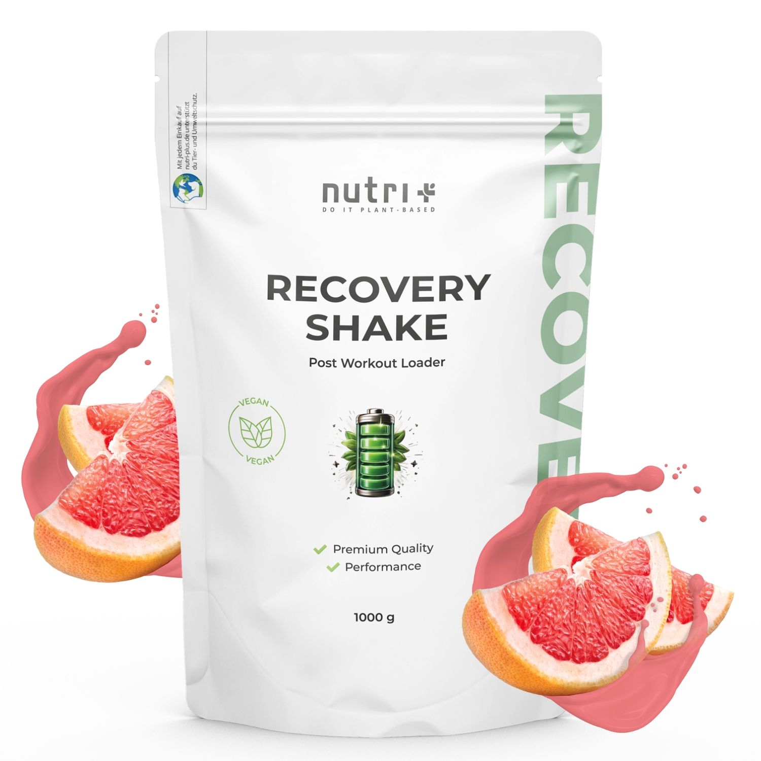 Weiße Tüte mit "nutri+" und "Recovery Shake". Grapefruit-Illustrationen. Vegan-Siegel. 1000 g.