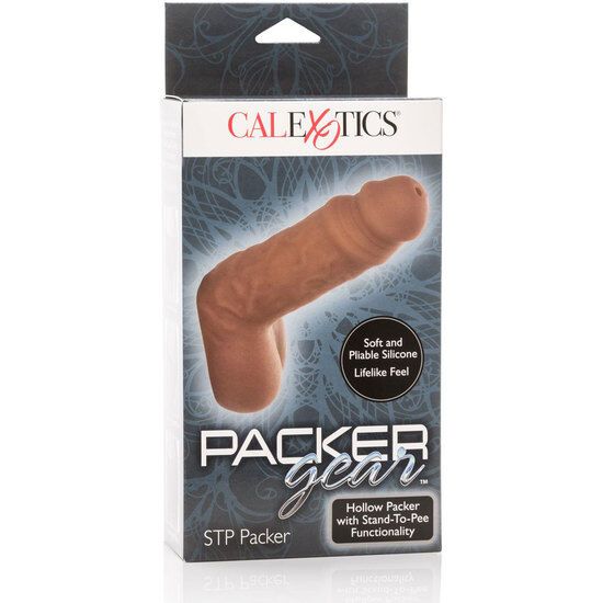 Verpackung mit braunem Silikonaufsatz. Text: CALEXOTICS, PACKER gear, STP Packer. Produktabbildung.