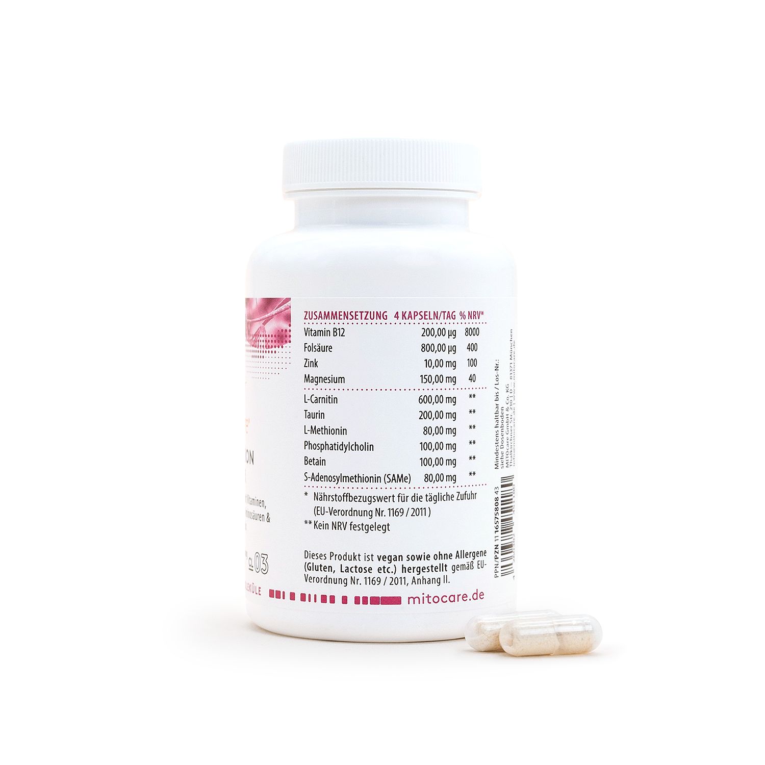 Rückseite der MITOcare Methylation Master Kapseldose mit Nährwertangaben.