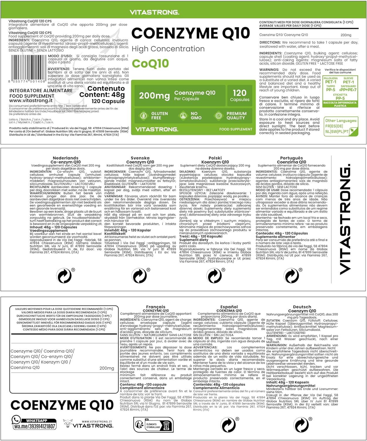 Etikett Vitastrong Coenzym Q10. Mehrsprachige Informationen. 200mg CoQ10, 120 Kapseln. Glutenfrei, ohne GVO. Premium Qualität.
