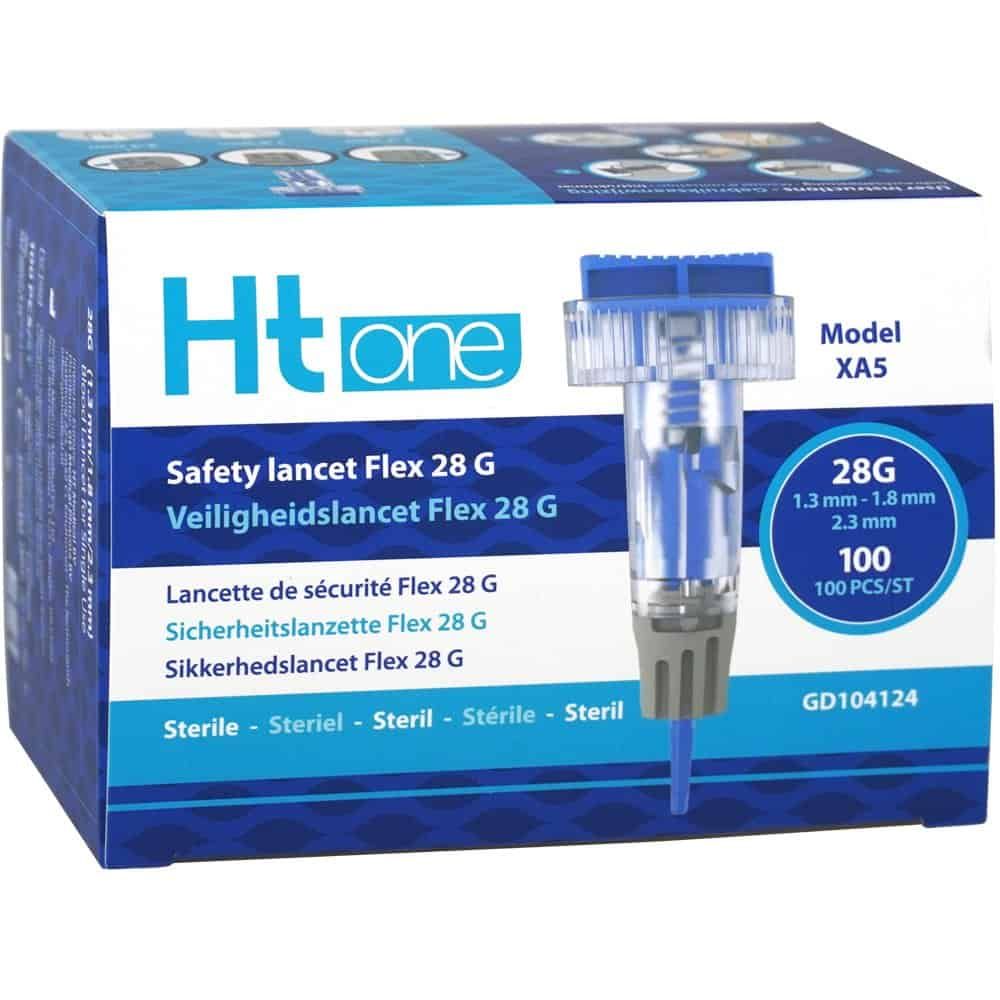 Verpackung von Htone Sicherheitslanzetten Flex 28 G, 100 Stück. Modell XA5.