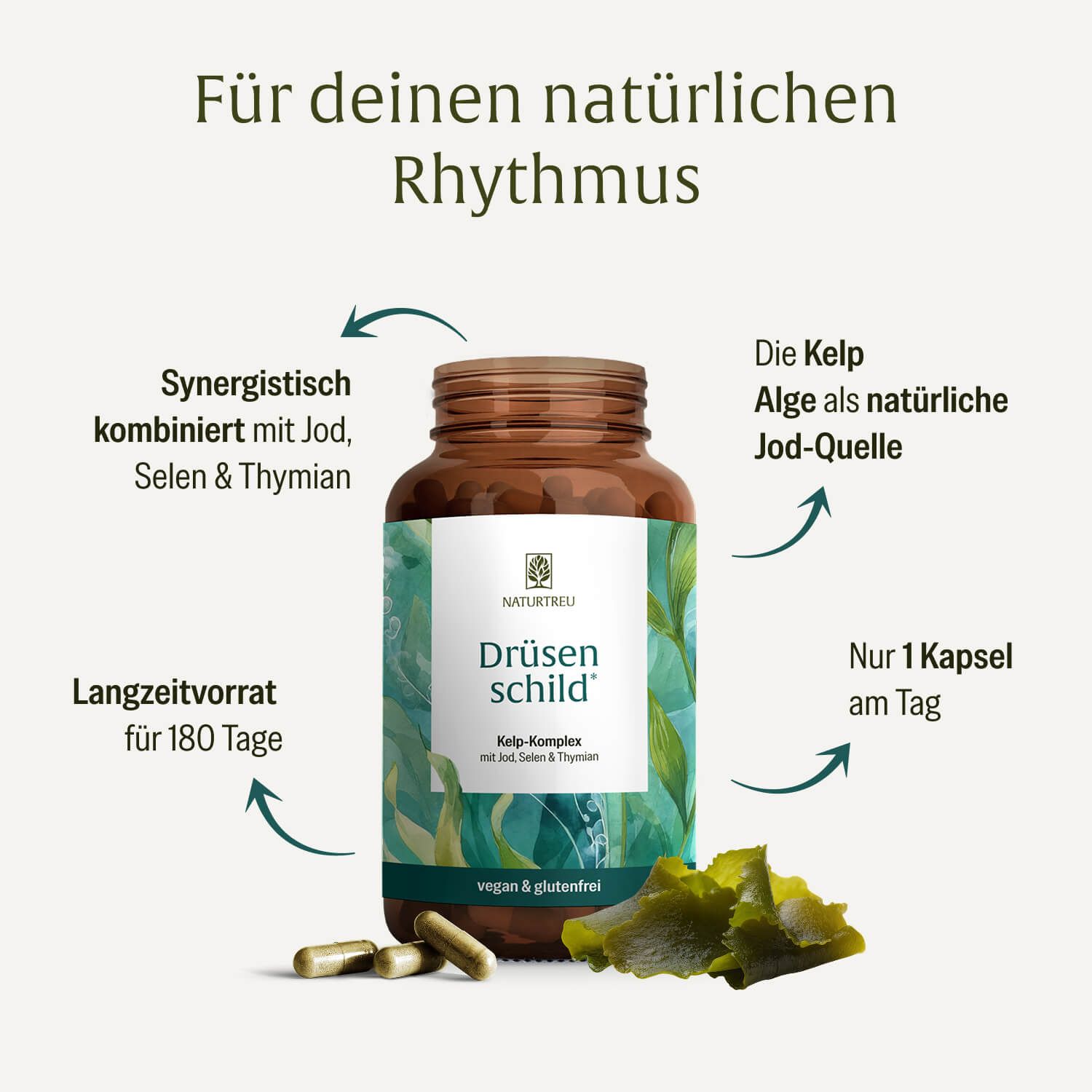 Braune Glasflasche mit Naturtreu Drüsen Schild Kelp-Komplex Kapseln. Enthält Jod, Selen & Thymian. Vegan & glutenfrei.