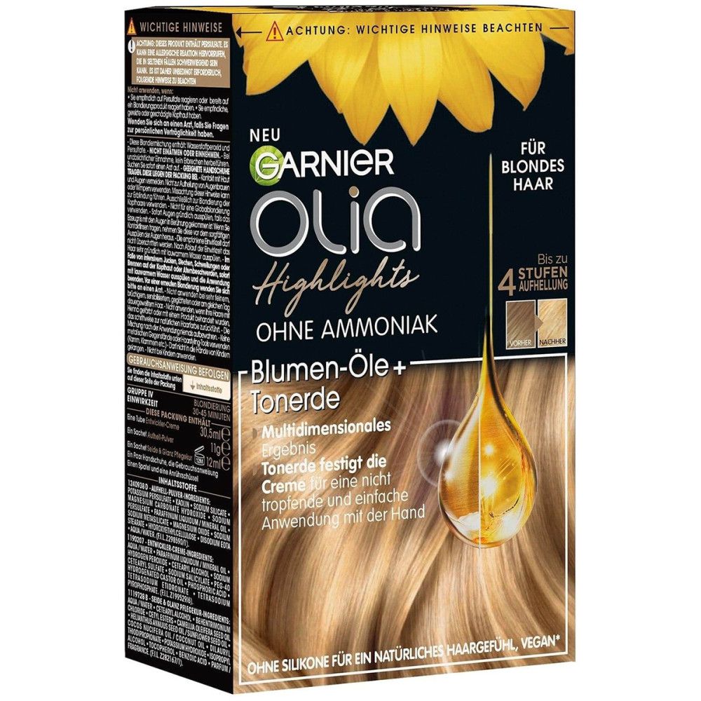 Garnier Olia Highlights Packung. Blondes Haar, ohne Ammoniak. Sonnenblumen-Öle. Text auf der Packung. Produktabbildung mit Haarsträhne.