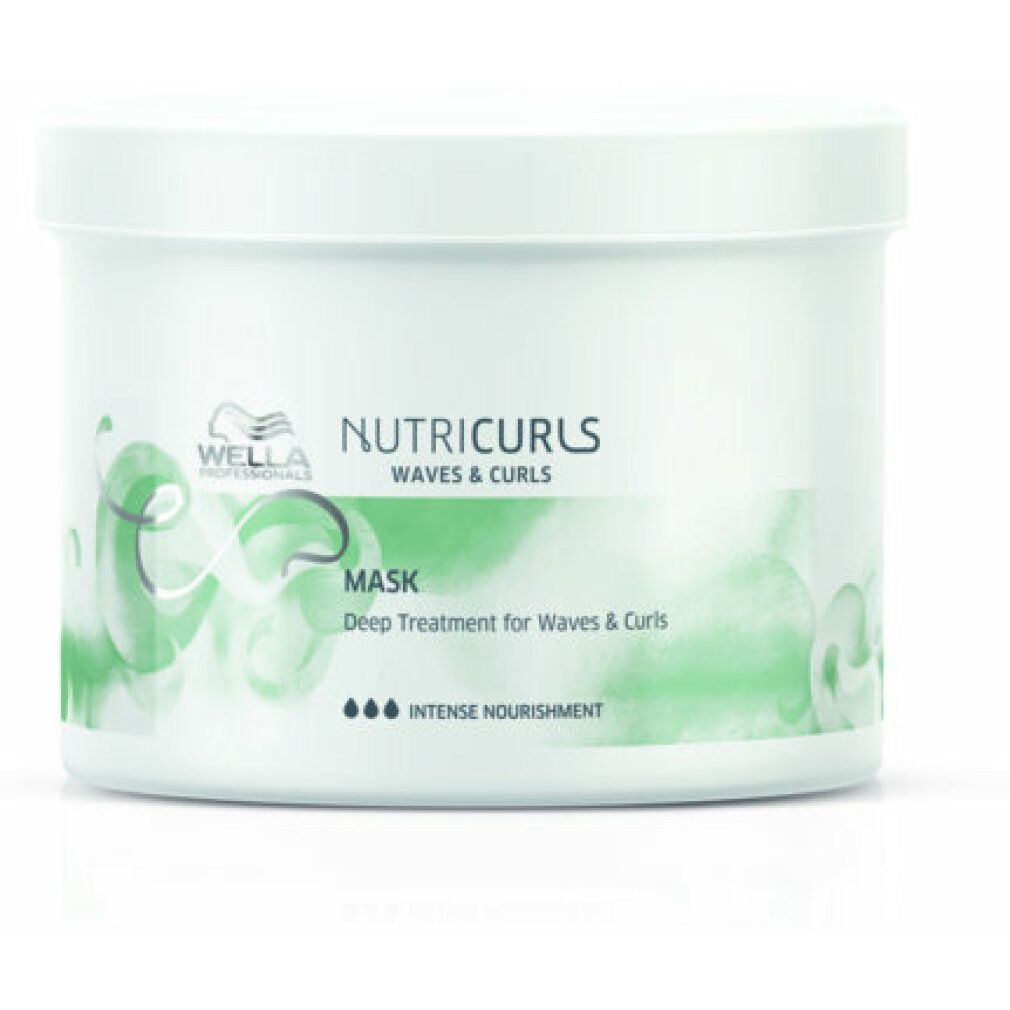 Weiße Dose mit Wella Nutricurls Mask. Text: Intensiv-Maske für Locken und welliges Haar. Grüne Grafik.