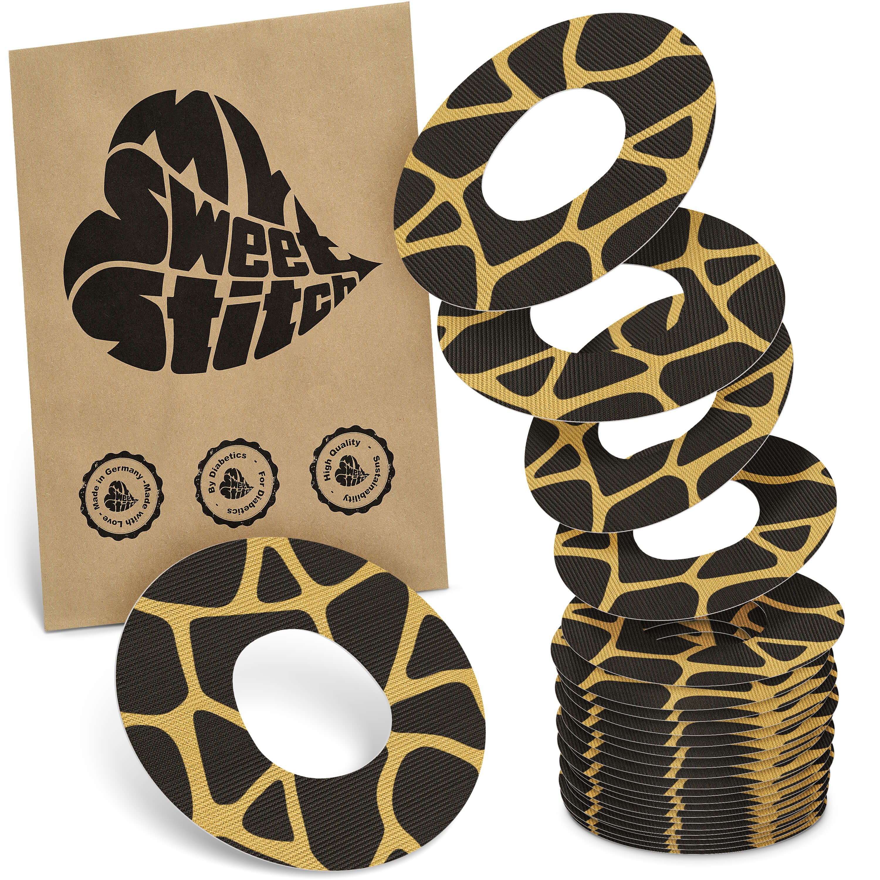 Runde Ringpflaster mit Giraffenmuster. Verpackung mit Logo MySweetStitch. Siegel: Made in Germany, für Diabetiker, hohe Qualität.