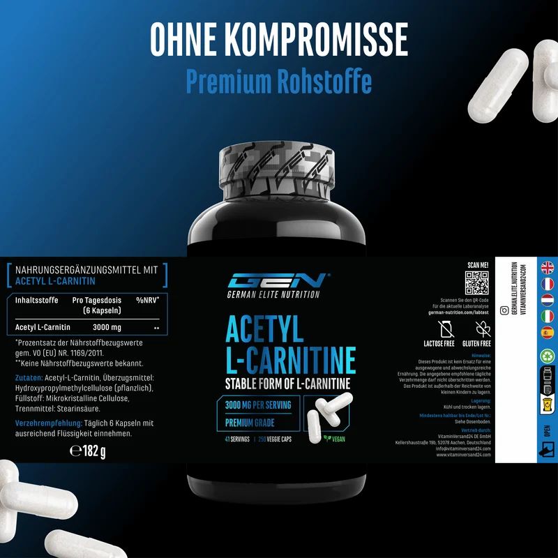 GEN Acetyl L-Carnitine: Hochwertige Inhaltsstoffe, 3000 mg pro Portion, hergestellt in Deutschland.