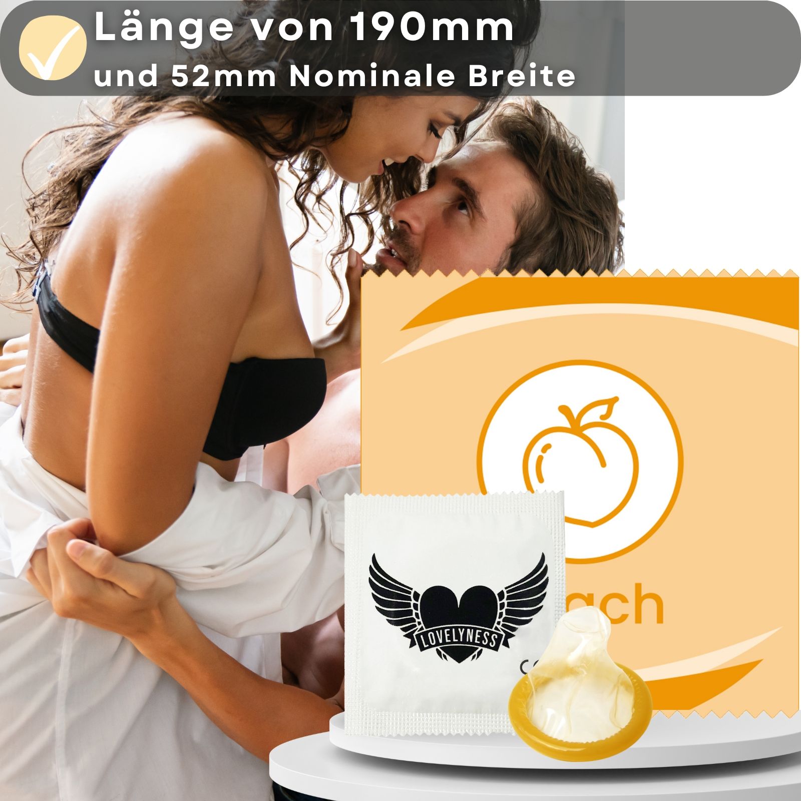 Kondom-Verpackung und Kondom. Text: Länge von 190mm und 52mm Nominalbreite. Logo: Lovelyness. Peach.