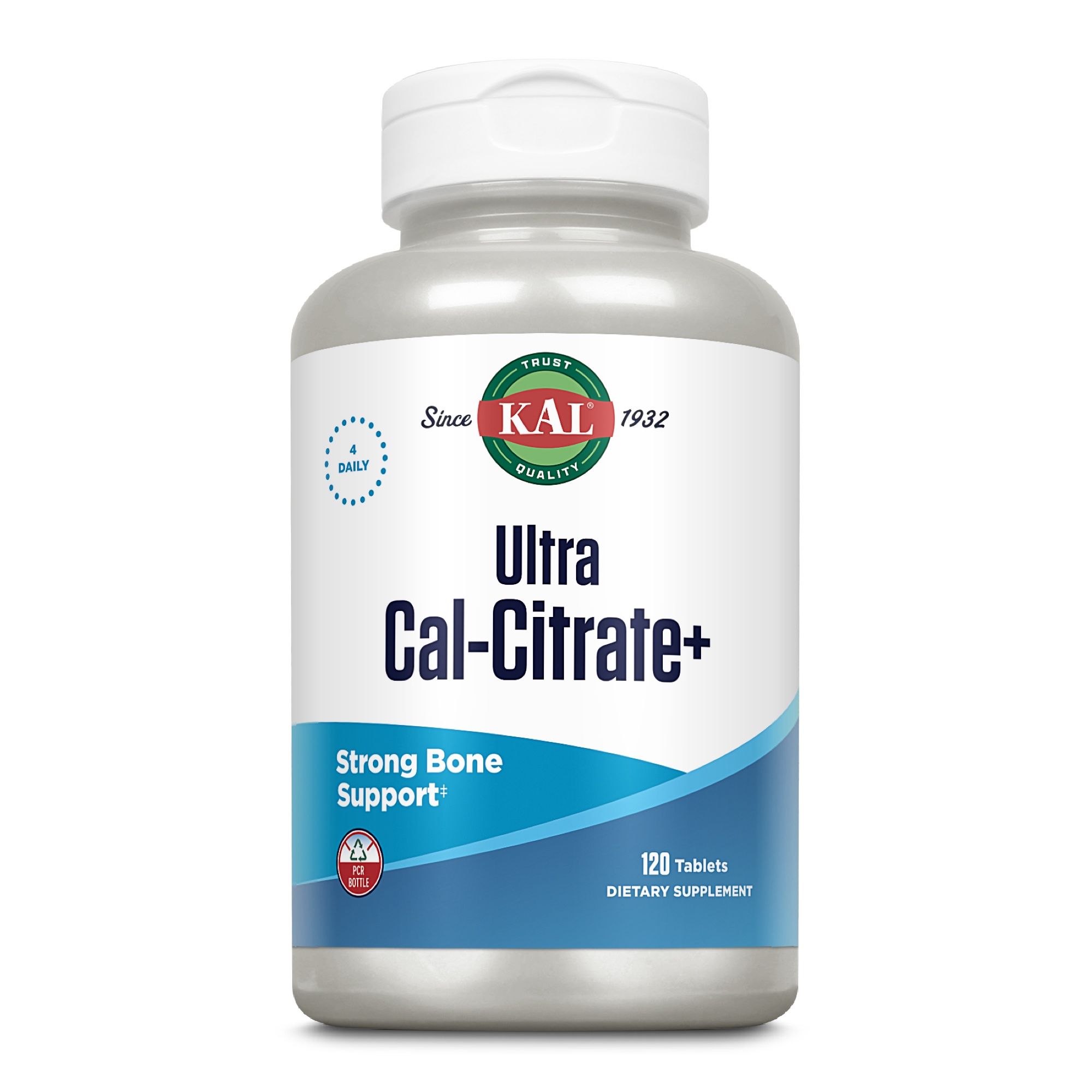 Eine Flasche Ultra Cal-Citrate+ mit 120 Tabletten. Weißer Deckel, blaues Etikett mit Text. 'Strong Bone Support'.