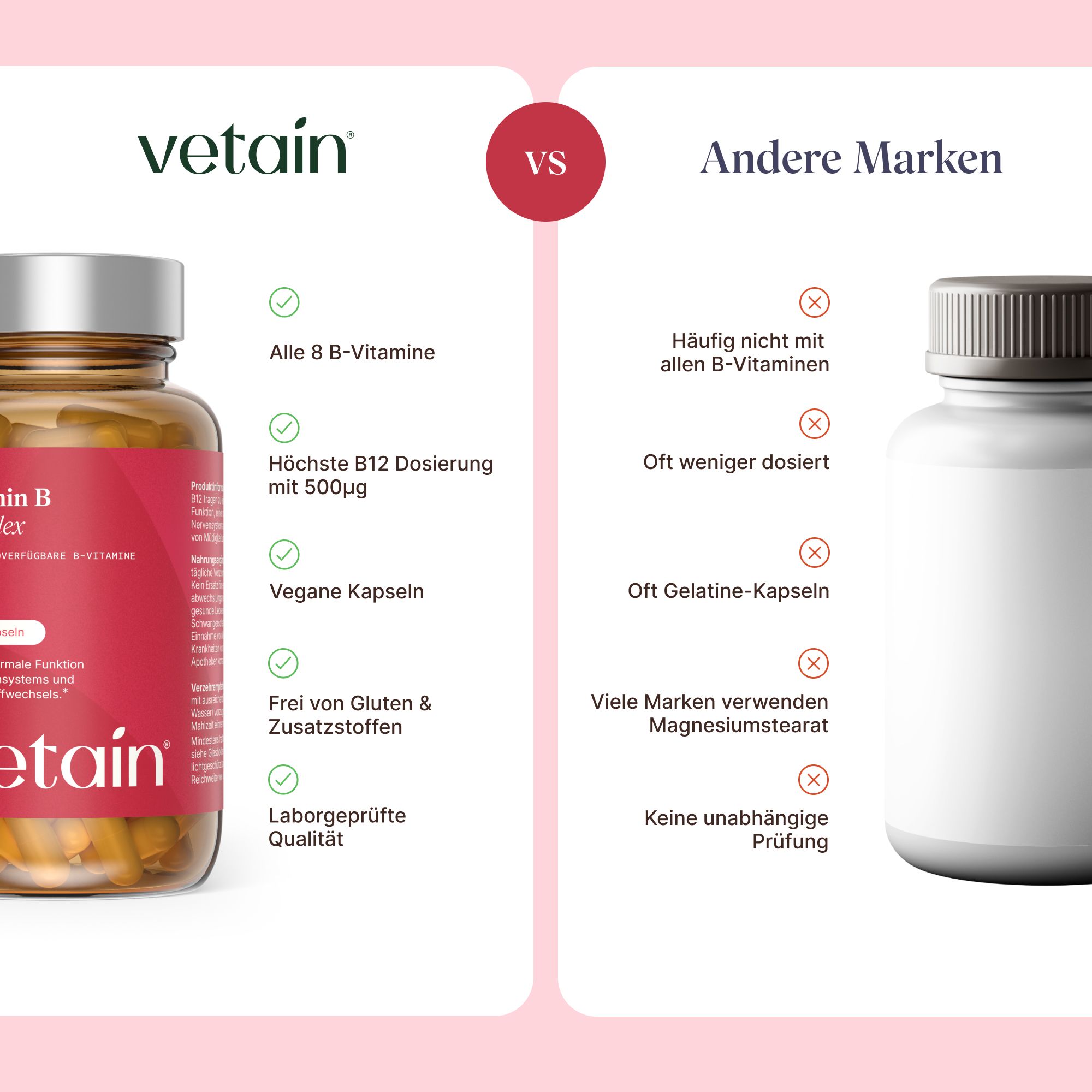 Vergleich von Vetain B-Komplex Kapseln mit anderen Marken. Vetain bietet alle 8 B-Vitamine, höchste B12-Dosierung, vegane Kapseln, frei von Gluten/Zusatzstoffen, laborgeprüfte Qualität.