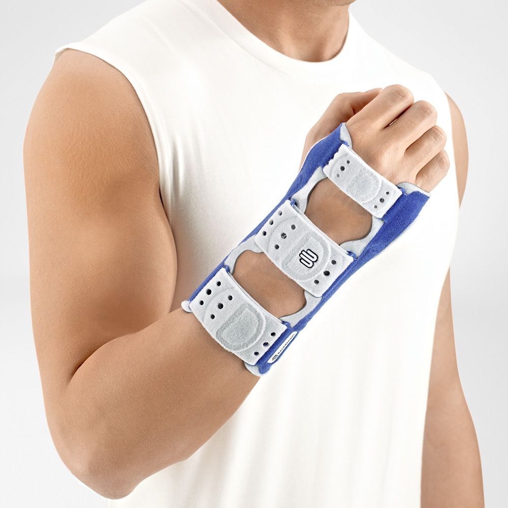 Handgelenkbandage MANULOC TITAN 2, blau-weiß, am Arm einer Person. Klettverschlüsse und Öffnungen sichtbar.