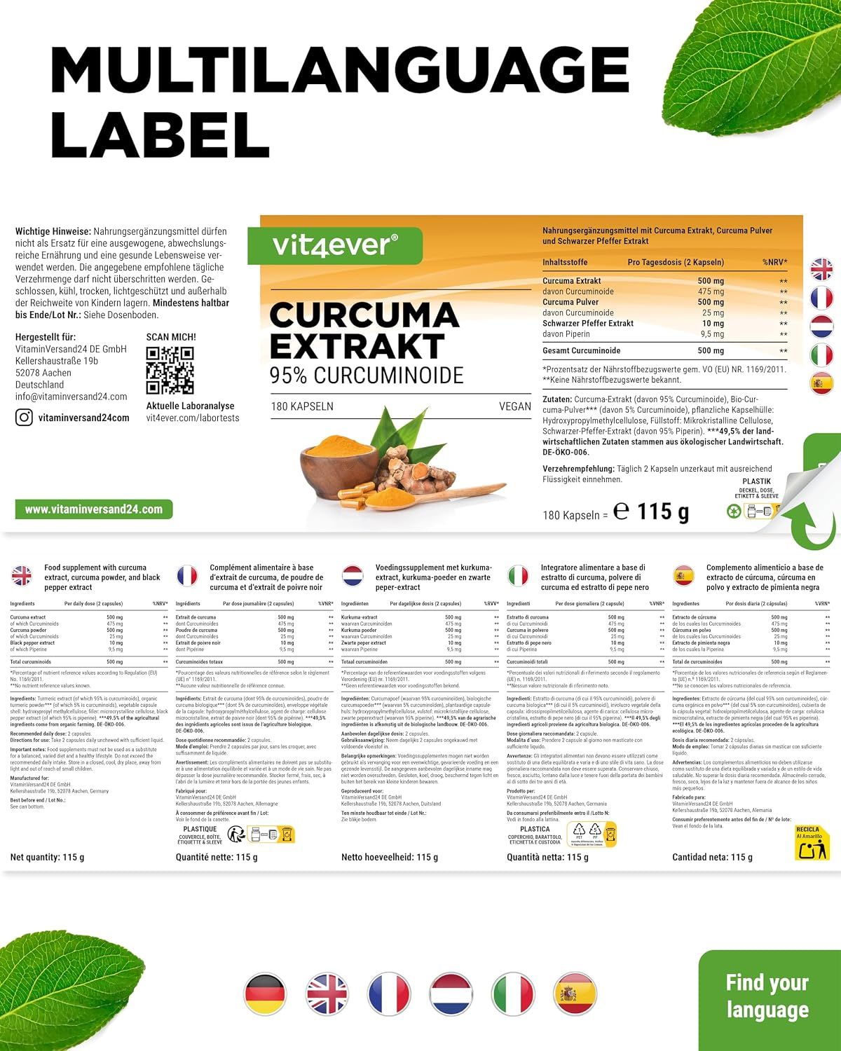 Vit4ever Curcuma Extrakt Dose mit mehrsprachigem Etikett und Flaggen (DE, FR, IT, NL, ES).