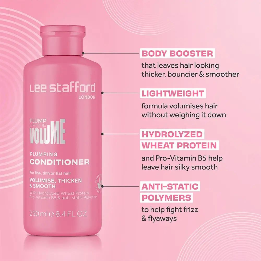 Eine rosa Flasche Lee Stafford Plump Volume Plumping Conditioner, 250 ml.
